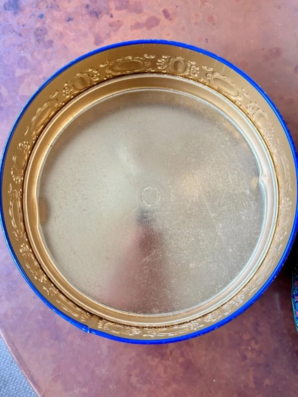 Vintage Container Holland Blue Gold Floral Round Cookie Tin 8”